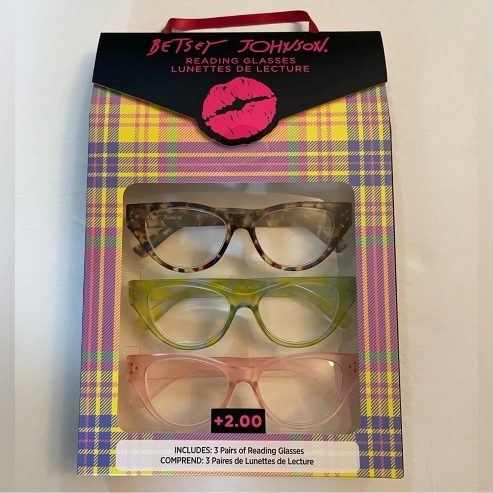 Betsey Johnson Designer 3 Pairs Of Fashion Reading Glasses +2.00 New